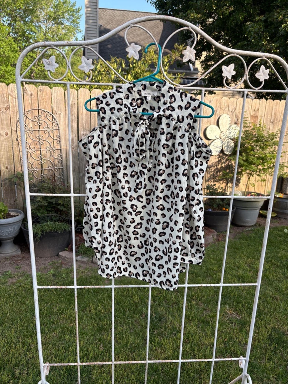 Monteau White and Black Leopard Cold-Shoulder Tie-Neck Blouse